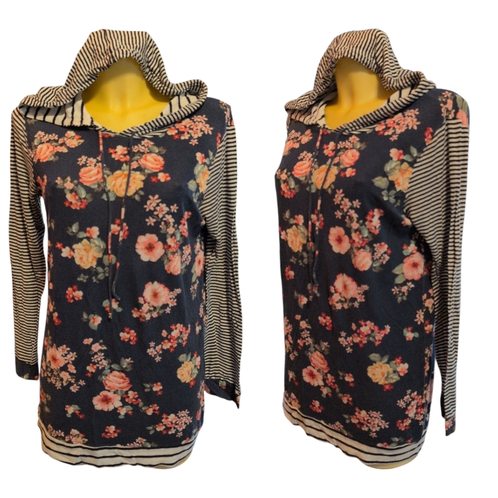 7TH RAY Blue And White Stripes + Floral Hooded Stretchy Long Sleeve Shirt